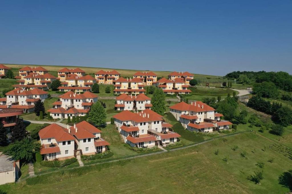 a group of houses with red roofs in a field at Wellness Park Apartman in Dunaszentmiklós