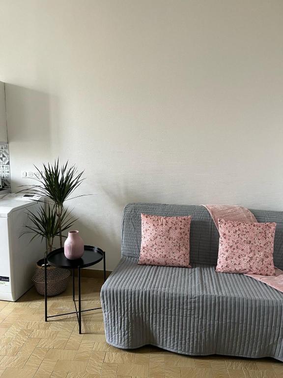 un salon avec un canapé avec des coussins roses dans l'établissement T2 Alfortville, à Alfortville