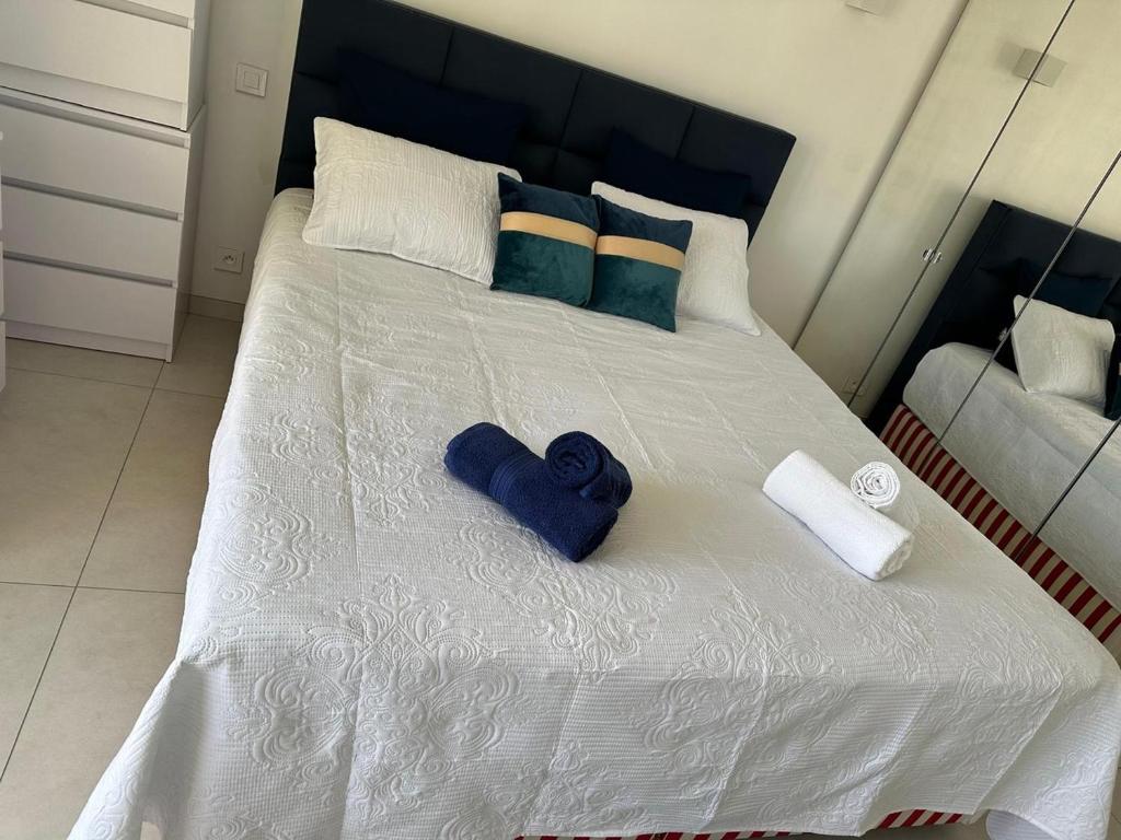 カンヌにあるSuper Apartment, Parking, Terrace, Lift, WIFI, Palm Beach, Cannesの青いタオルと枕が置かれた白いベッド