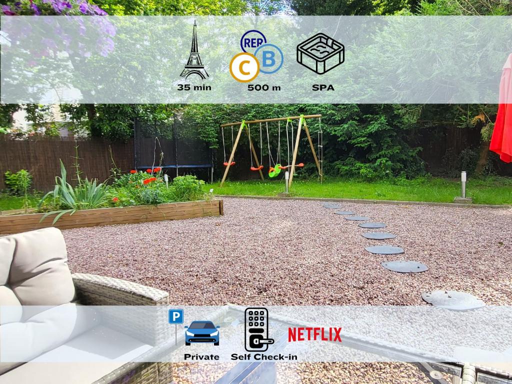 a garden with a gravel patio and a playground at Villa L'Alameda Spa Billard Paris Centre 35min in Verrières-le-Buisson