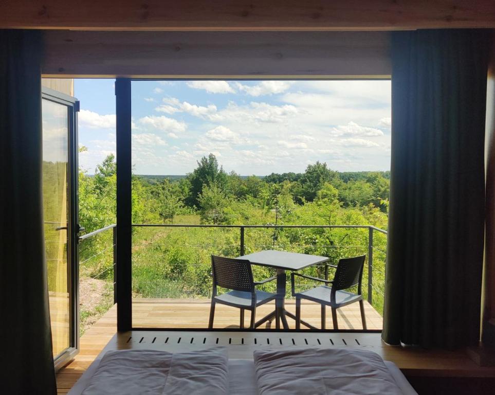 OposhnyaにあるOBRIY holiday villageのベッドルーム1室(テーブル、椅子付)