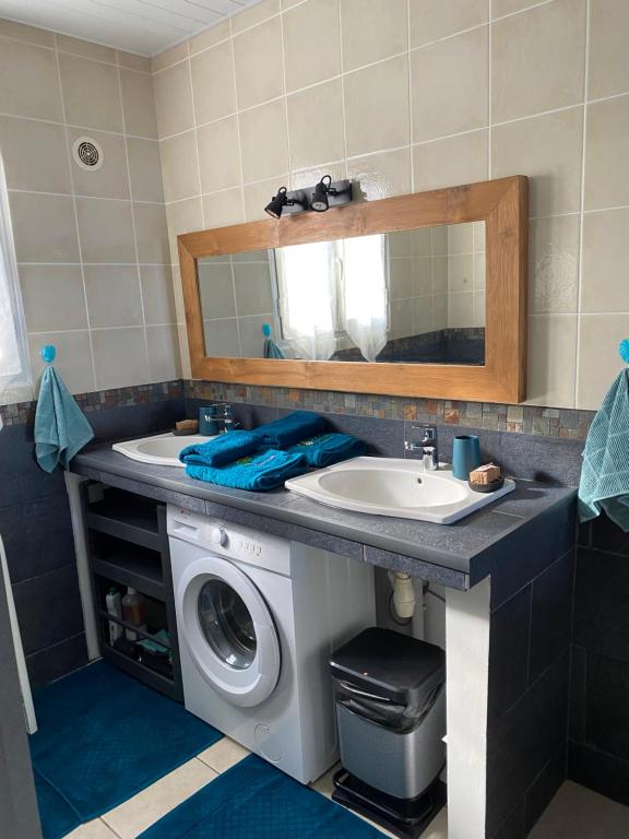 a bathroom with a sink and a washing machine at Location saisonnière A portée de vue in La Possession