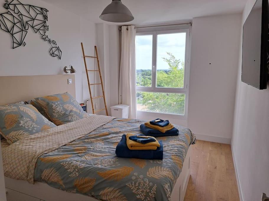 une chambre avec un lit avec deux serviettes dessus dans l'établissement Grand appartement lumineux Rennes, à Rennes