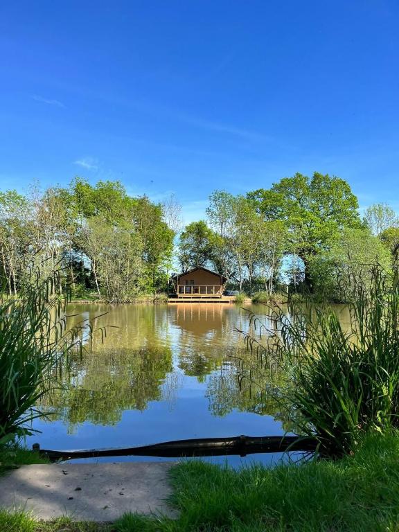 a house in the middle of a lake with trees at Teal Safari Tent in Droitwich