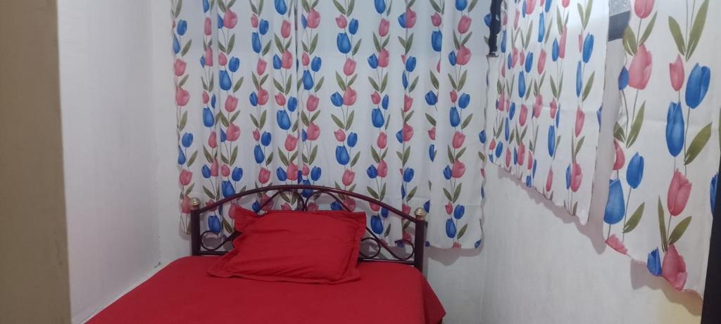 a bed with a red pillow and a curtain with tulips at Departamento sencillo, ideal para descanso in Santa María del Tule