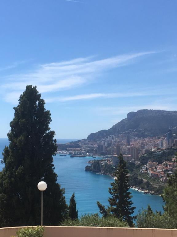 - une vue sur une étendue d'eau avec une ville dans l'établissement Appartement 2 pièces rare, à Roquebrune-Cap-Martin