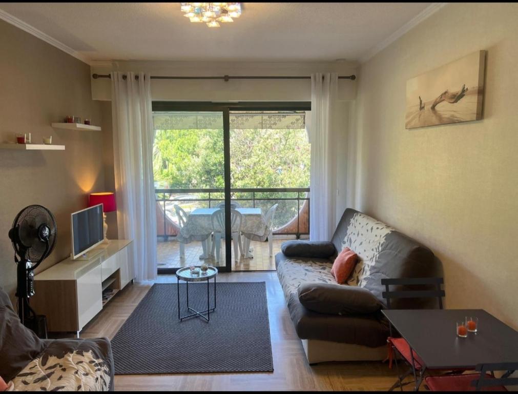 un salon avec un canapé, une table et une télévision dans l'établissement Charmant studio, à Villeneuve-Loubet