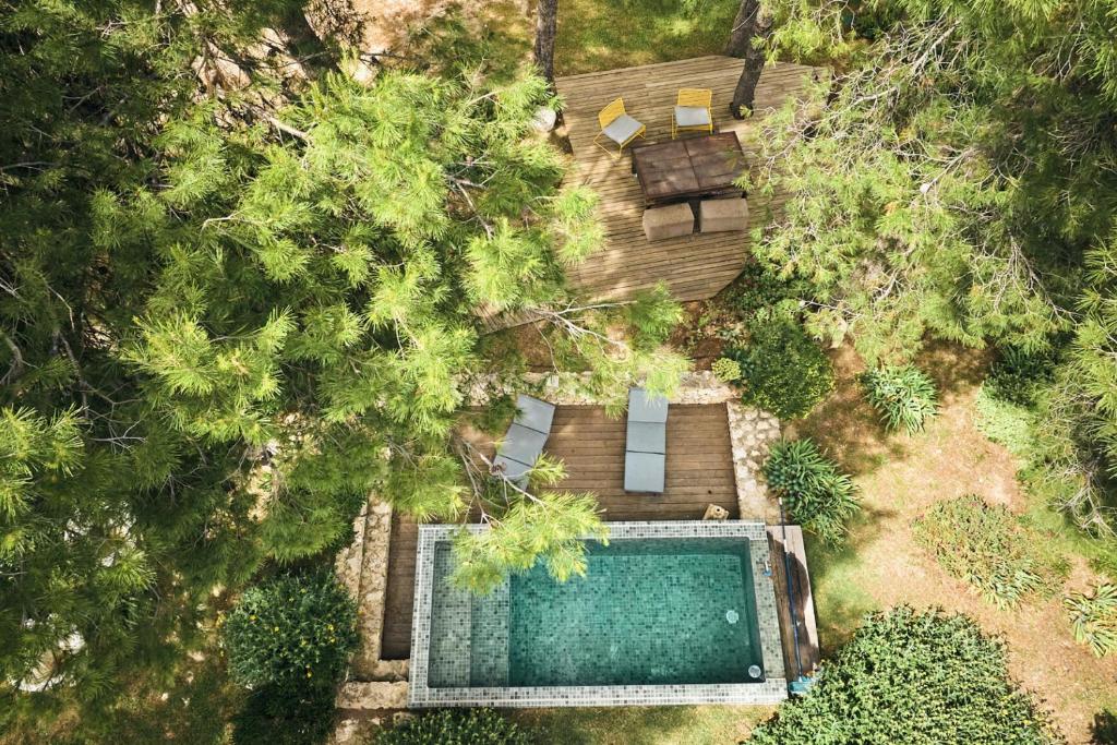 une vue aérienne d'une piscine dans un jardin dans l'établissement La Planque des Alpilles, à Fontvieille
