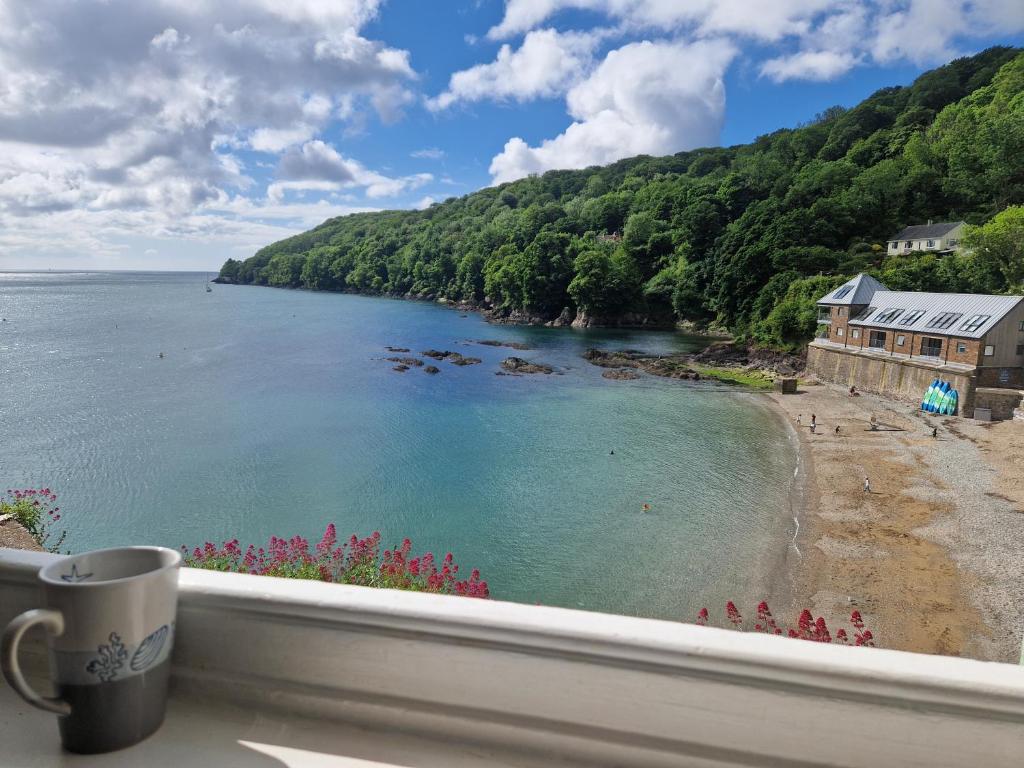 een raam met uitzicht op het strand en het water bij Balcony Cottage in Cawsand