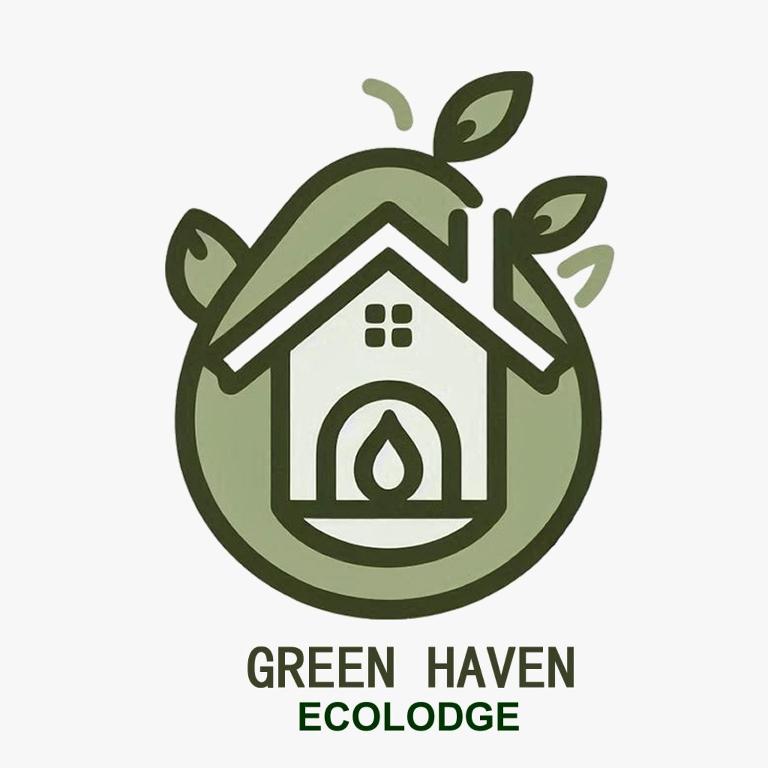 a greenhaven ecological logo with a house on a green leaf at Green Haven Ecolodge Lligua in Baños