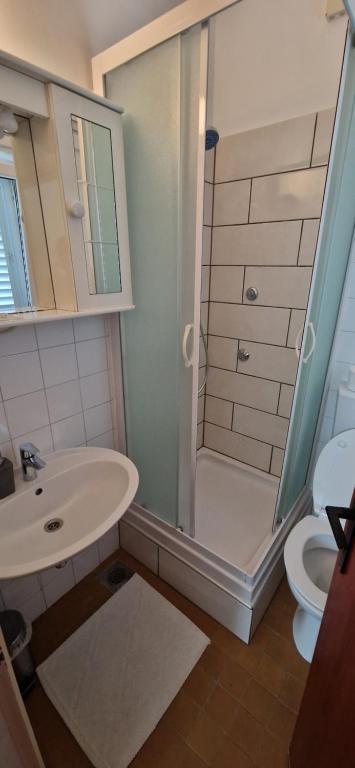 a bathroom with a shower and a sink and a toilet at Palute in Supetar