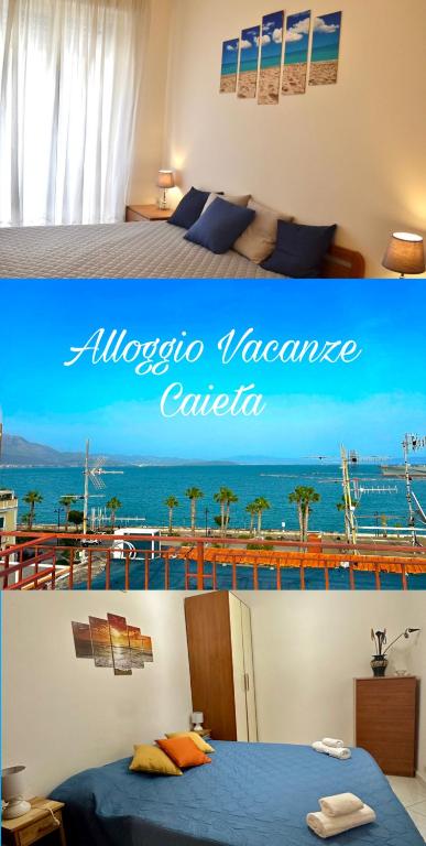 two pictures of a hotel room with a view of the ocean at Alloggio Vacanze Caieta in Gaeta