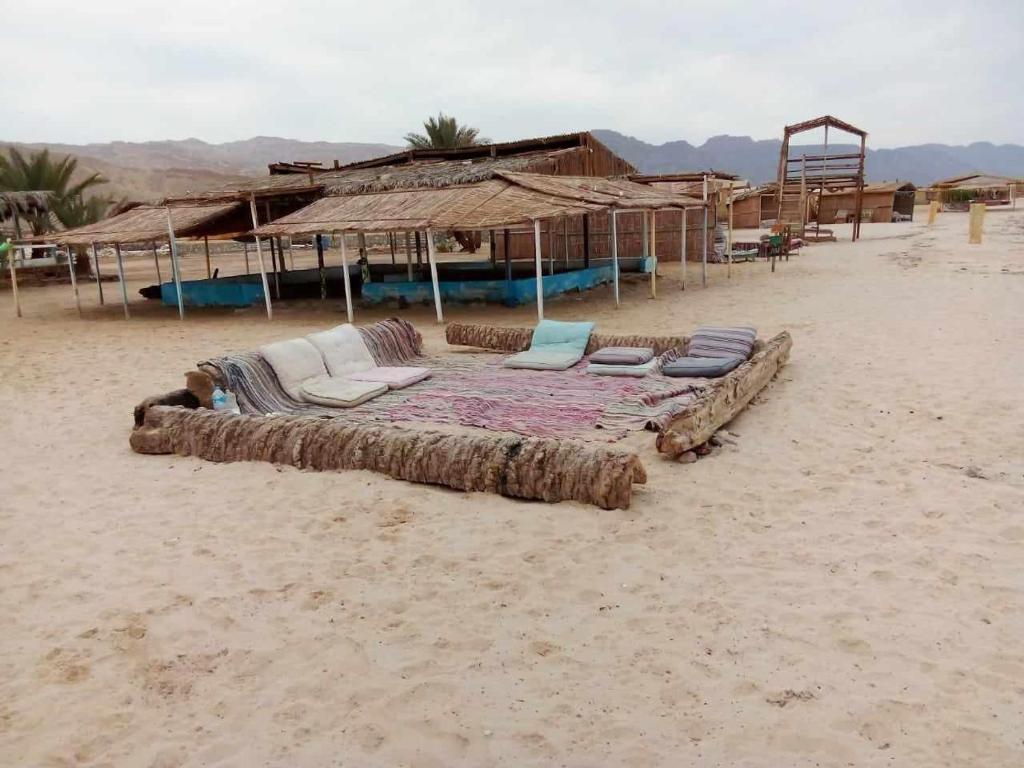 Una cama grande en la playa con sillas encima. en Antika beach camp, en Nuweiba