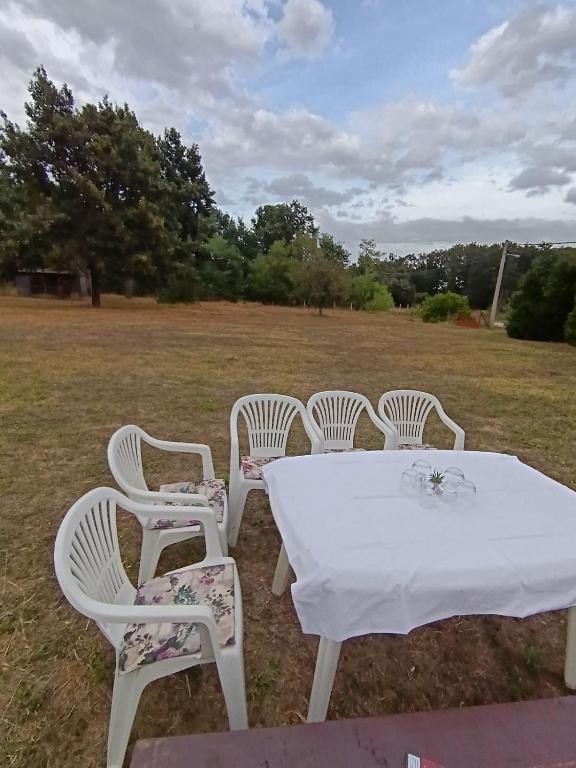 a group of white chairs and a table in a field at Šuma za odmor in Mladenovac