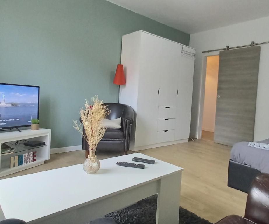 un salon avec un canapé et une table dans l'établissement NEW appartement proche gare et centre-ville, à Colmar