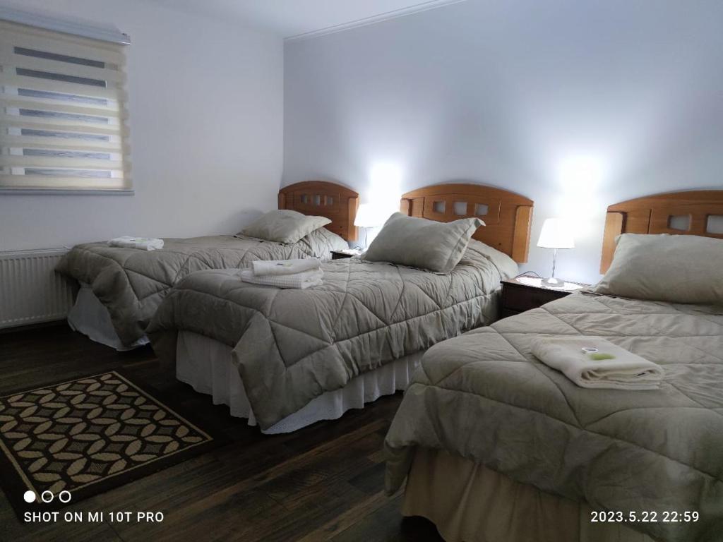 a bedroom with three beds with pillows on them at Cabañas 2 olimai in Puerto Natales