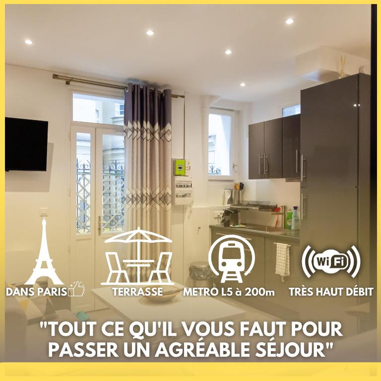 une cuisine avec un panneau indiquant « Tour, sortez de notre faute » pour les passagers, euh, agréable dans l'établissement Petit bijou dans le centre de Paris, à Paris