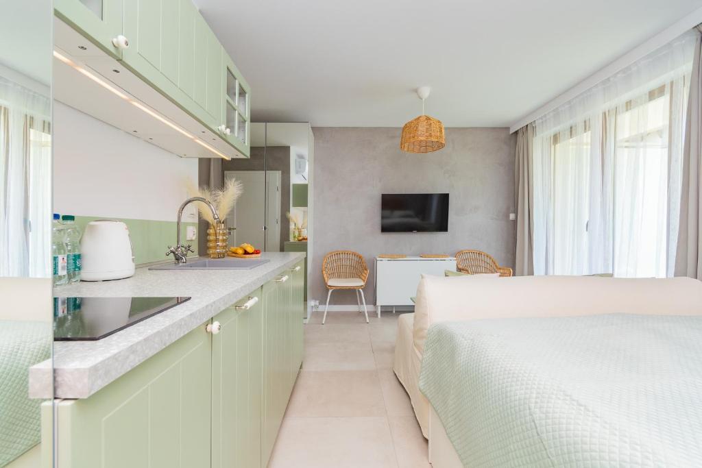 Kuchyň nebo kuchyňský kout v ubytování APARTAMENTY MIERZEJA - STEGNA PARK STUDIO, 500 m od plaży