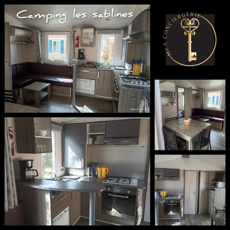 un collage de photos d'une cuisine avec un camping-car dans l'établissement Camping les sablines vendres-plage, à Vendres