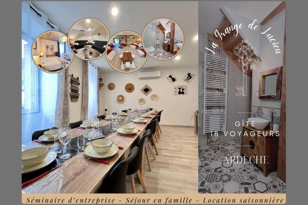 une salle à manger avec une longue table et des miroirs dans l'établissement La Grange de Lucien, à Meyras