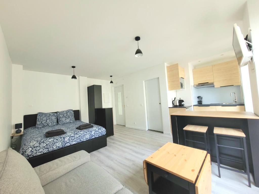 ein Wohnzimmer mit einem Bett und einer Küche in der Unterkunft Studio centre Cannes in Cannes