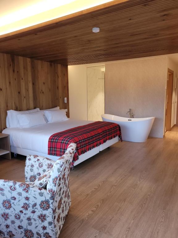 a bedroom with a bed and a tub and a chair at La Mira de Gredos in Hoyos del Espino