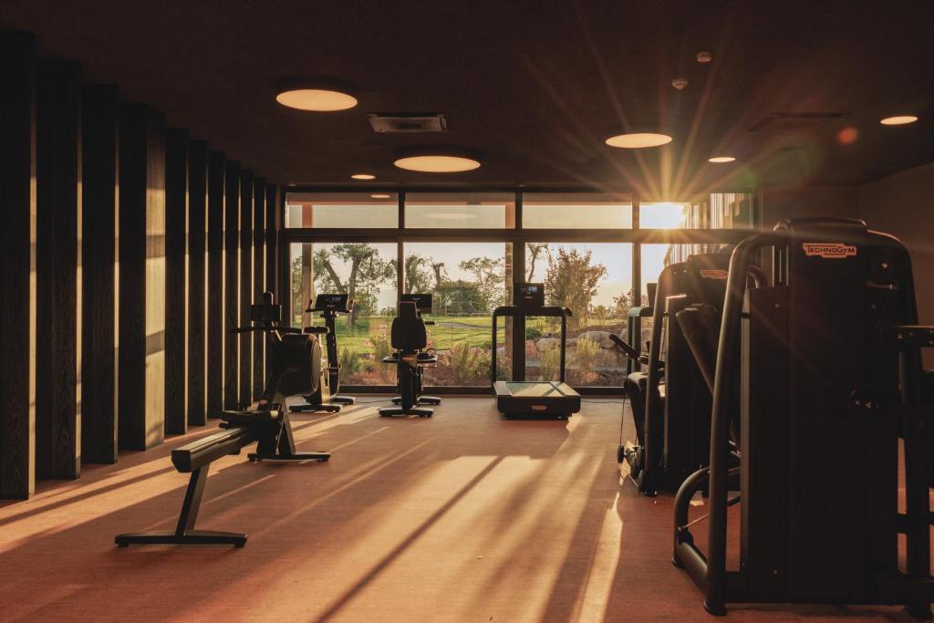 een fitnessruimte met cardio-apparatuur en een groot raam bij Cape of Senses in Torri del Benaco