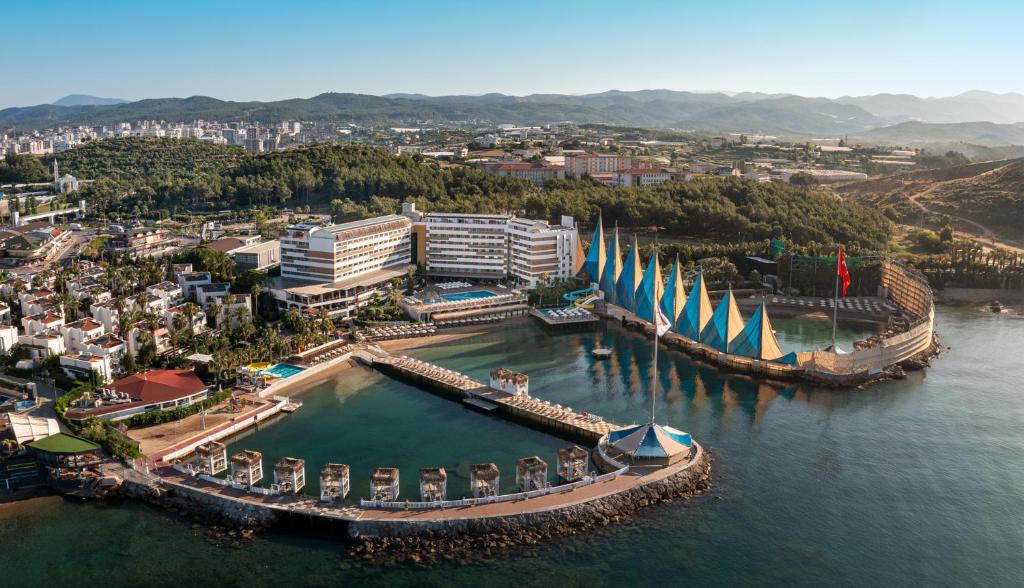an aerial view of a resort in the water at Adin Resort Hotel - Halal All Inclusive in Avsallar