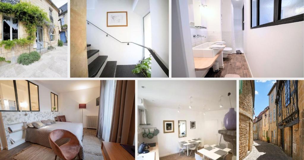 a collage of photos of a living room and a bedroom at Les chambres de l'ATELIER à Montignac Lascaux in Montignac