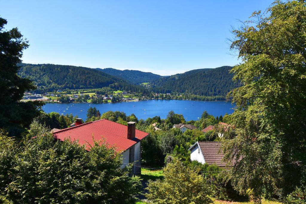 a view of a lake with a red roof at Le Herbau in Gérardmer