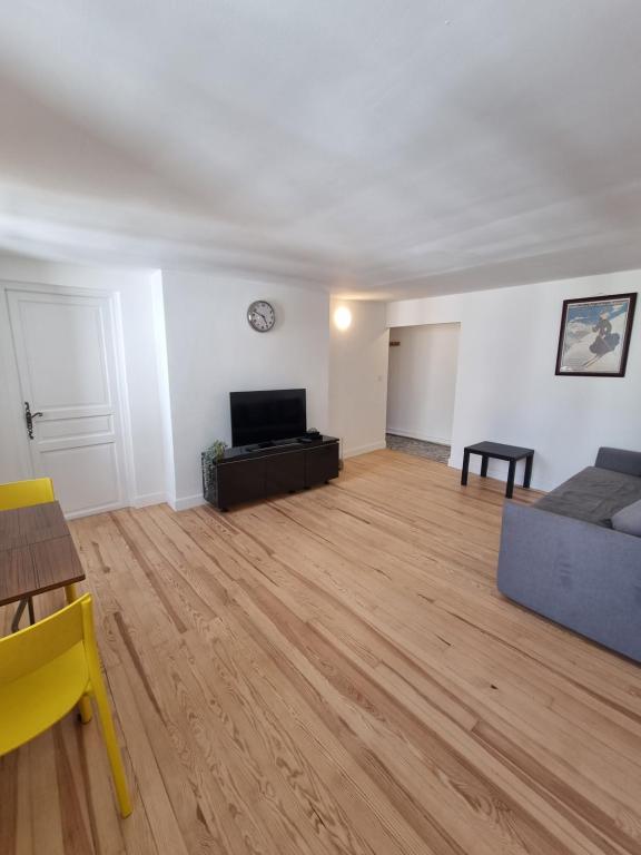 un salon avec un canapé et une télévision à écran plat dans l'établissement Beau 4 pièces au cœur de Paris, à Paris