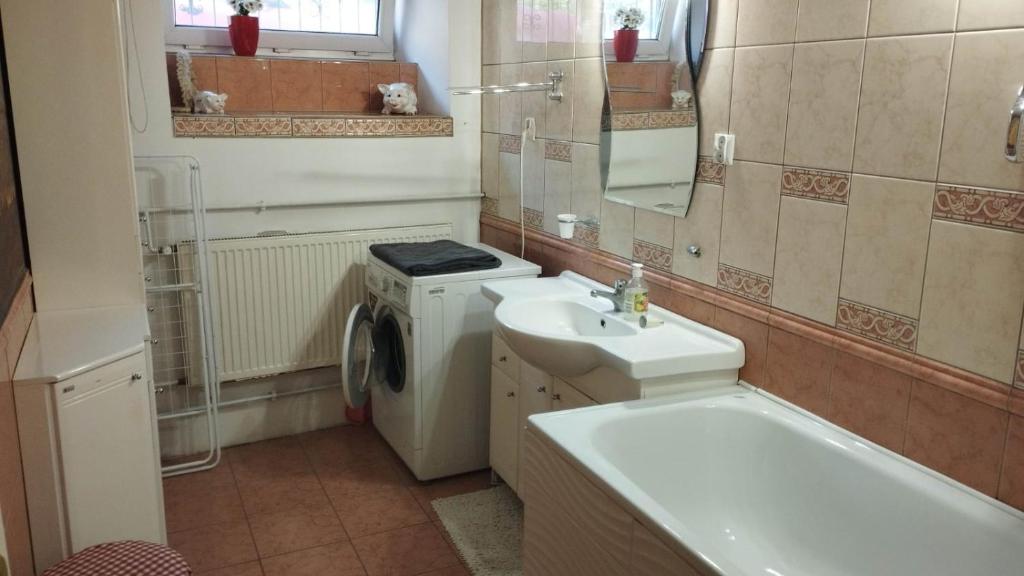 a bathroom with a sink and a washing machine at Dom Kopernika 4 in Chełm