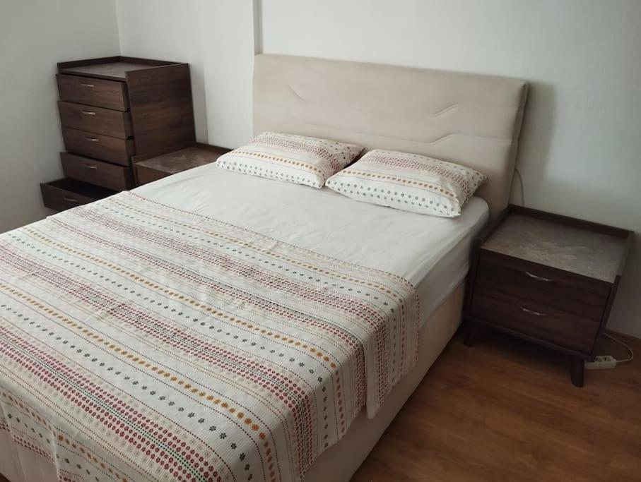 1 dormitorio con 1 cama con 2 almohadas y vestidor en Alacati villa, en Cesme