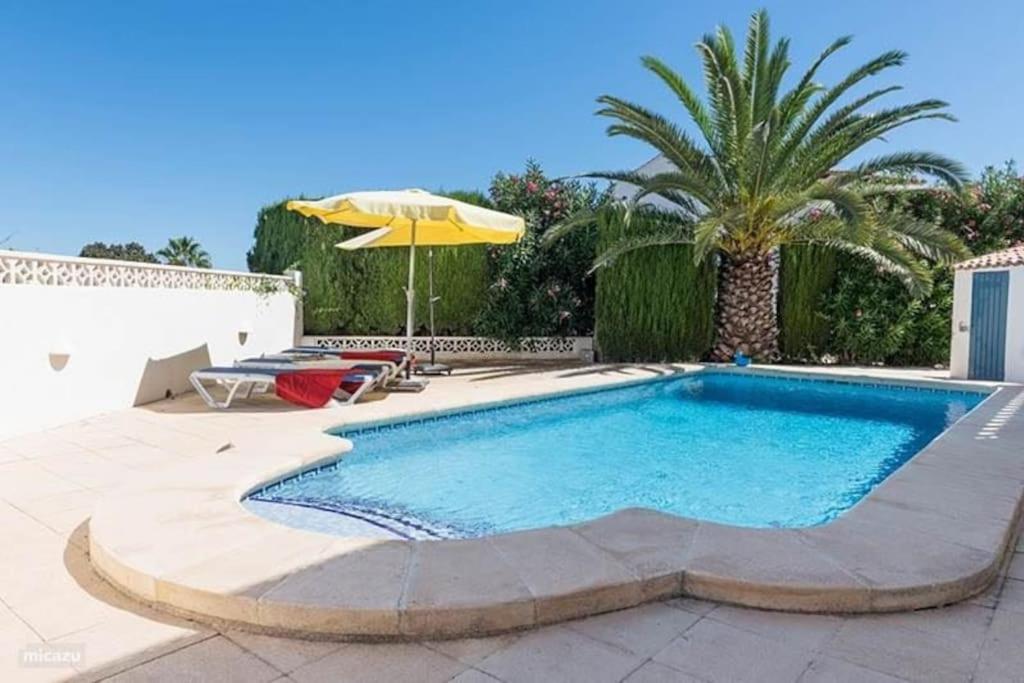 een zwembad met een parasol en een palmboom bij Casa Delfin - Moraira in Moraira