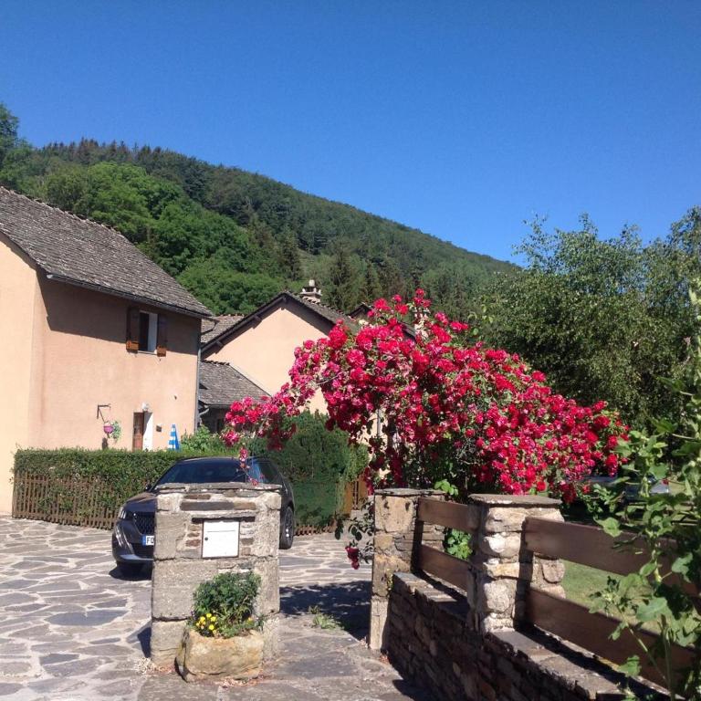 une maison avec une clôture ornée de fleurs roses dans l'établissement Gîte 