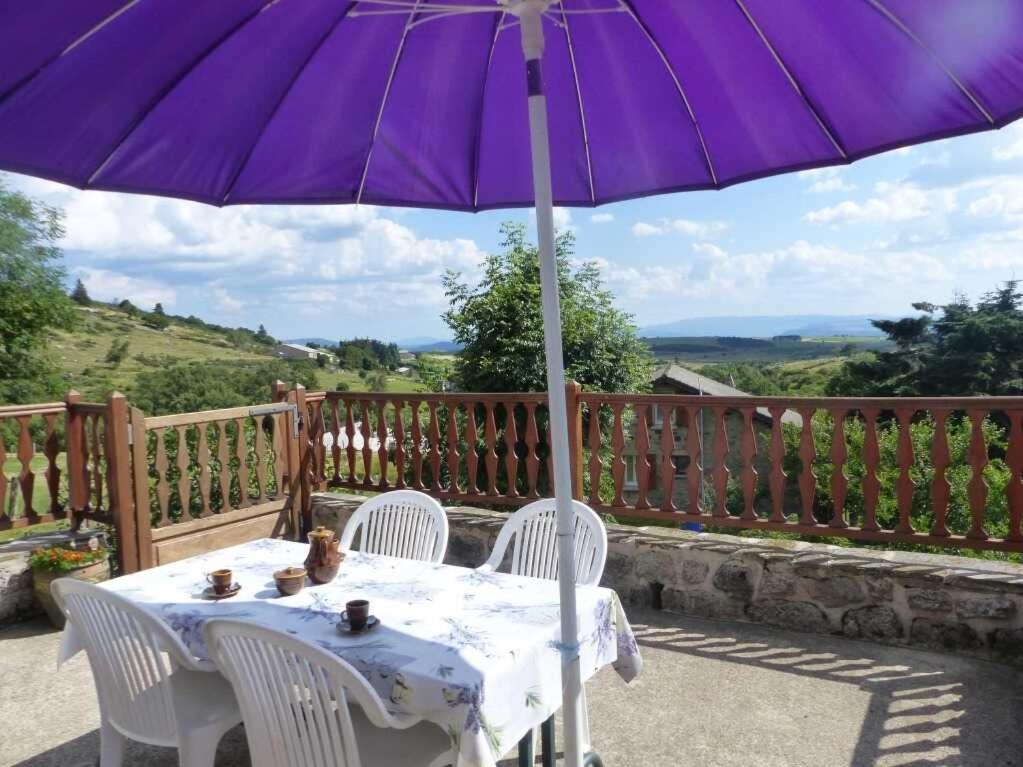 un parapluie violet assis au-dessus d'une table dans l'établissement Gîte Gîtes de France 4/6 personnes aux Laubies, à Saint-Étienne-du-Valdonnez
