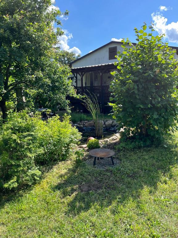 a bench in the grass in front of a house at Tiny House in Mellen