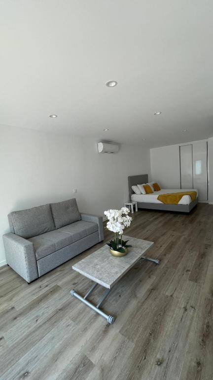 a living room with a couch and a table at Casa Santyana in Amarante