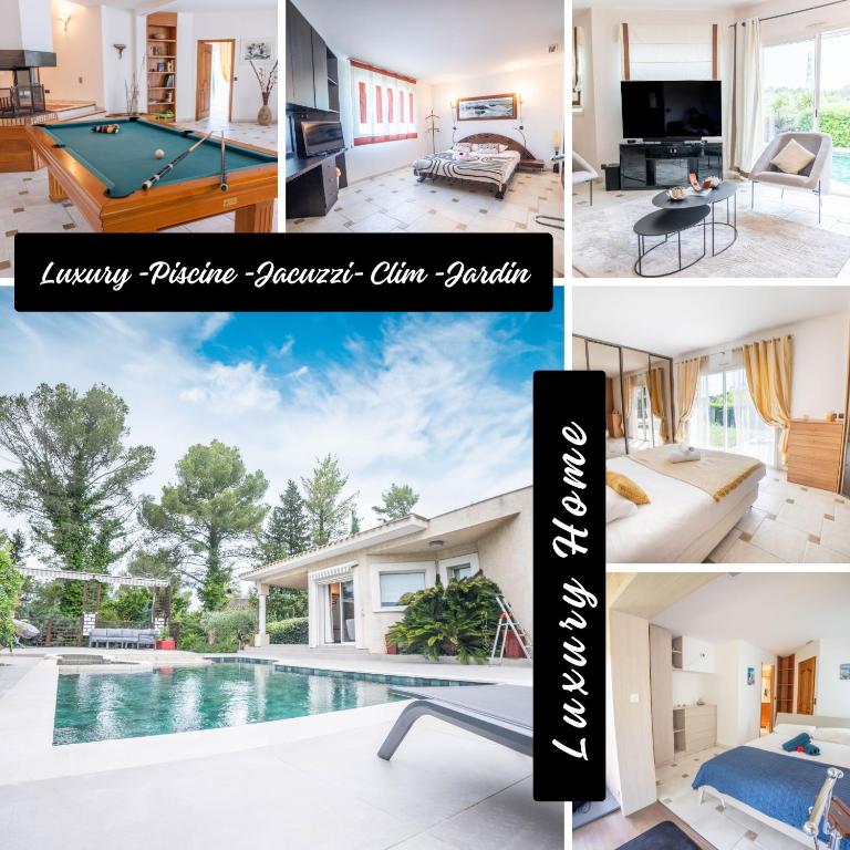 un collage de photos d'une maison avec un billard dans l'établissement Luxury Home -Villa-Piscine-Jacuzzi-Famille-Table de billard - Top Pros ServicesConciergerie, à Montferrier-sur-Lez