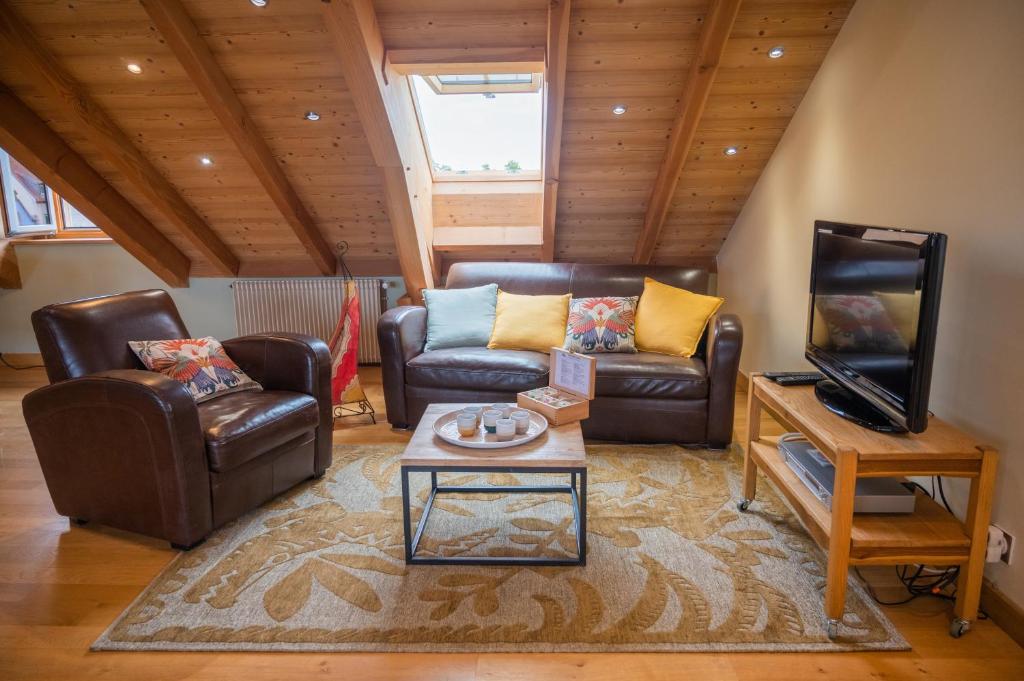 a living room with two leather couches and a tv at Grand duplex familial 113 m - Jardin - Colmar Gare - Jusqu'à 8 pers in Colmar