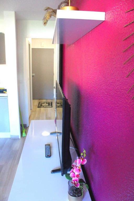 une pièce avec un mur rose et un écran d'ordinateur sur un bureau dans l'établissement Joli studio terrasse avec piscine et parking, à Saint-Cyprien
