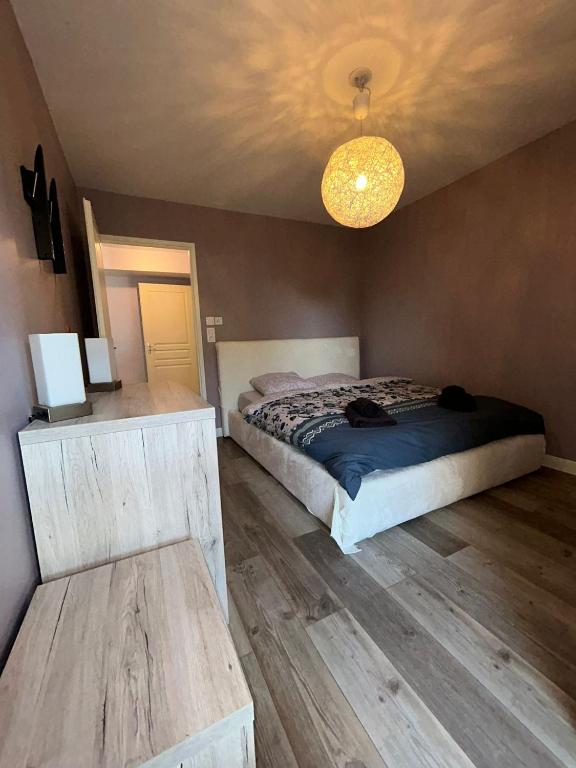 une chambre avec un lit et un lustre dans l'établissement T2 calme proche de la douane, à Ville-la-Grand