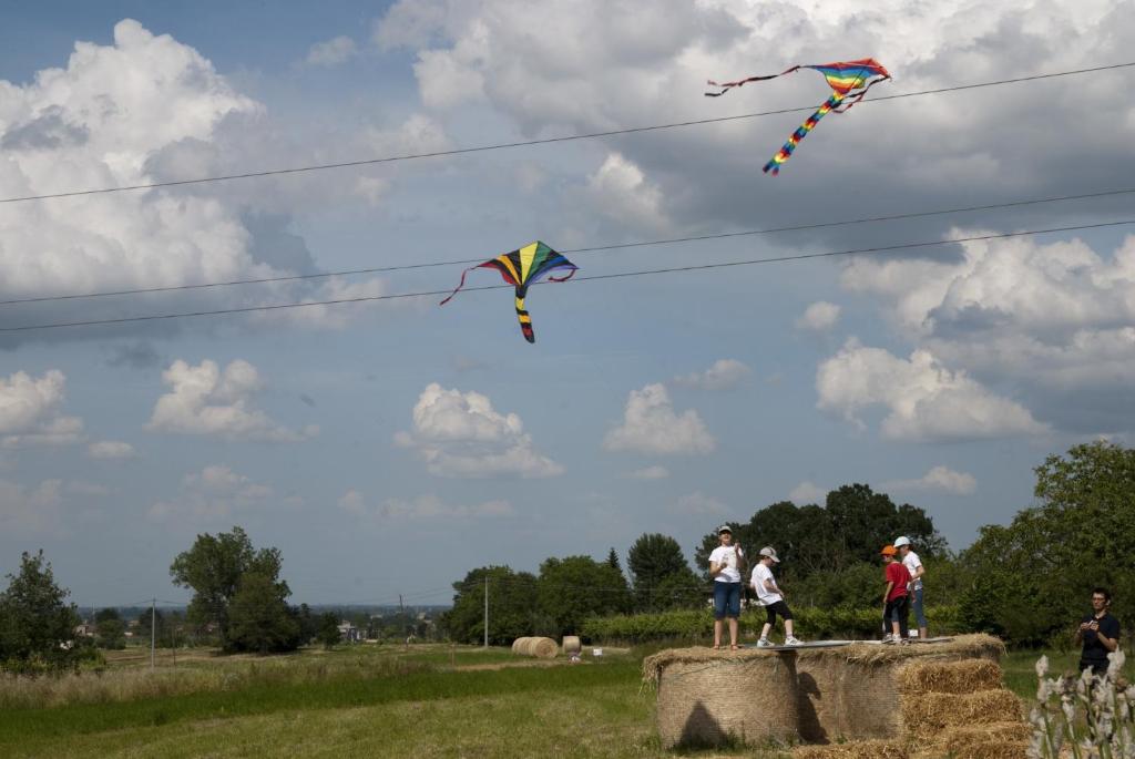 a group of people flying kites in a field at Agriturismo Bosco Del Fracasso in Scandiano
