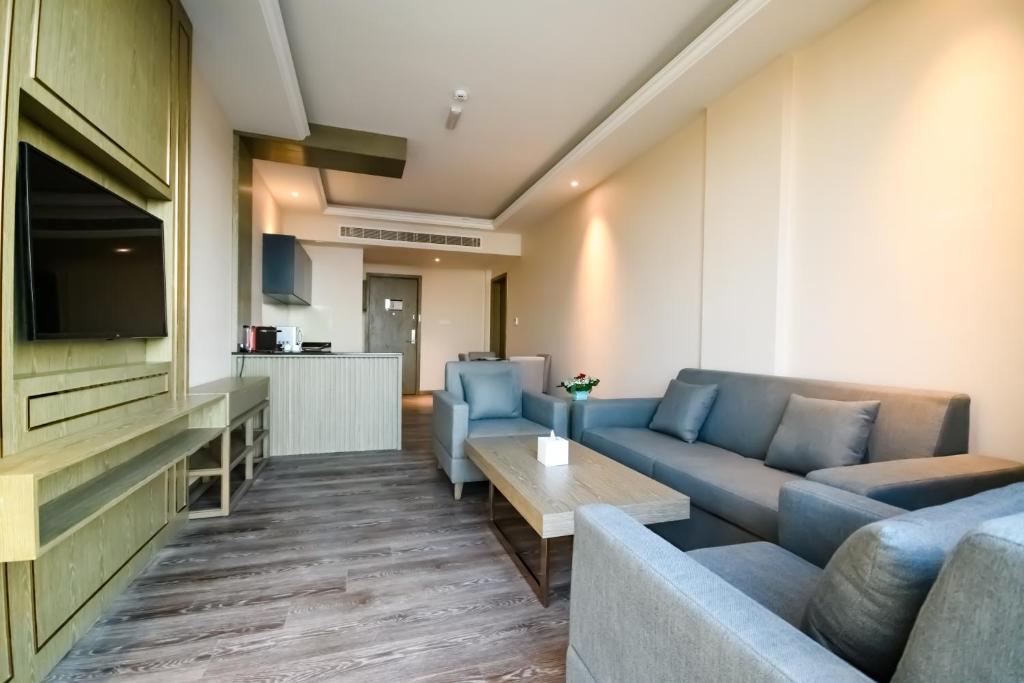 Kuchyň nebo kuchyňský kout v ubytování Frankincense Hotel Muscat فندق اللبان مسقط