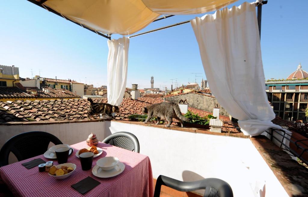 a cat walking on a roof with a table on a balcony at Acacia Firenze - Primula in Florence