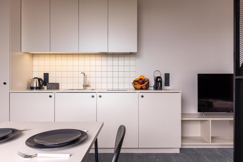 Kuchyň nebo kuchyňský kout v ubytování Hugo Apartment Hotel