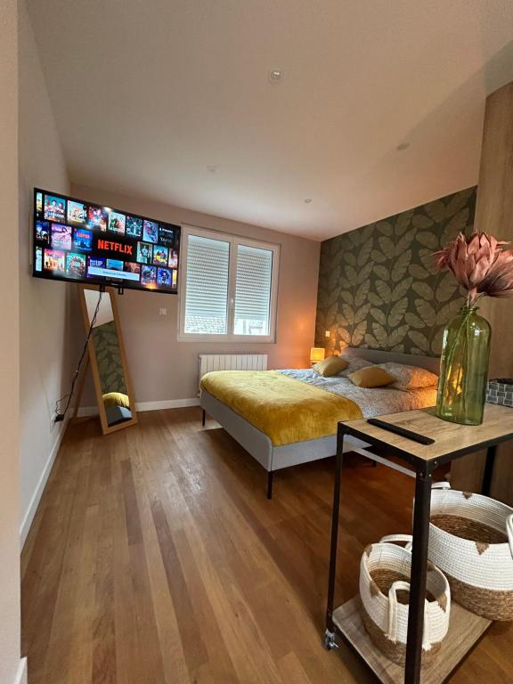 a bedroom with a bed and a tv on the wall at Entre gare et centre-ville in Issoudun
