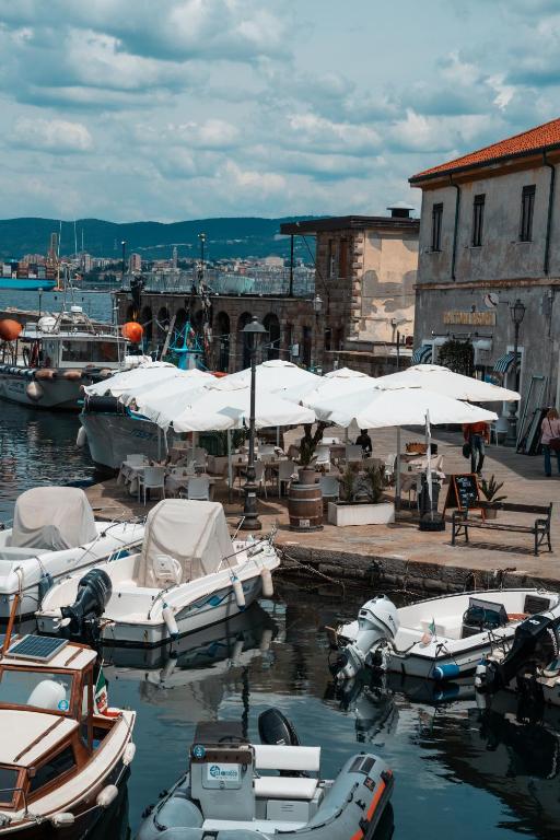 a group of boats parked in a marina with umbrellas at Hurban Apartments Muggia in Muggia