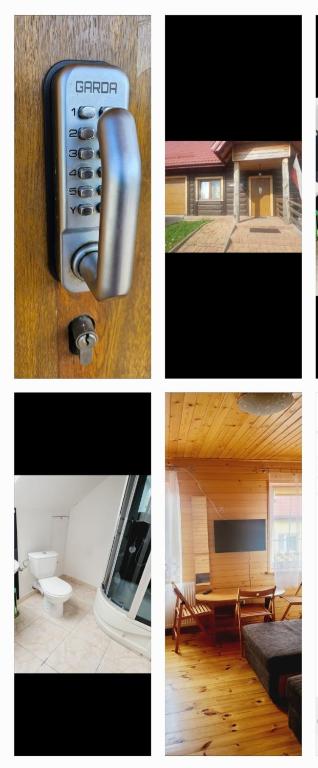 a collage of pictures of a house with a remote control at Wczasowa 54 in Węgorzewo