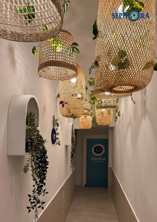 un couloir avec des plantes en pot dans des paniers sur le mur dans l'établissement VILLA SEPHORA CANNES, à Cannes